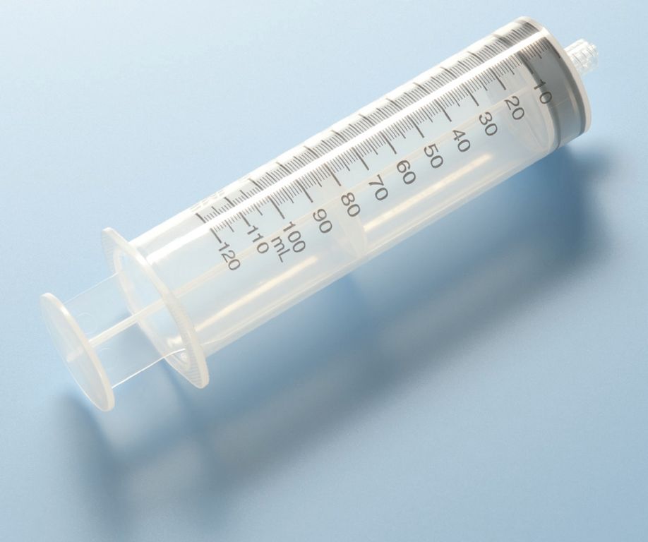 a 100ml syringe with liquid inside up to the 100ml line