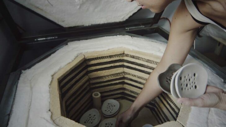 a basement or garage provides space and ventilation for a home pottery kiln.