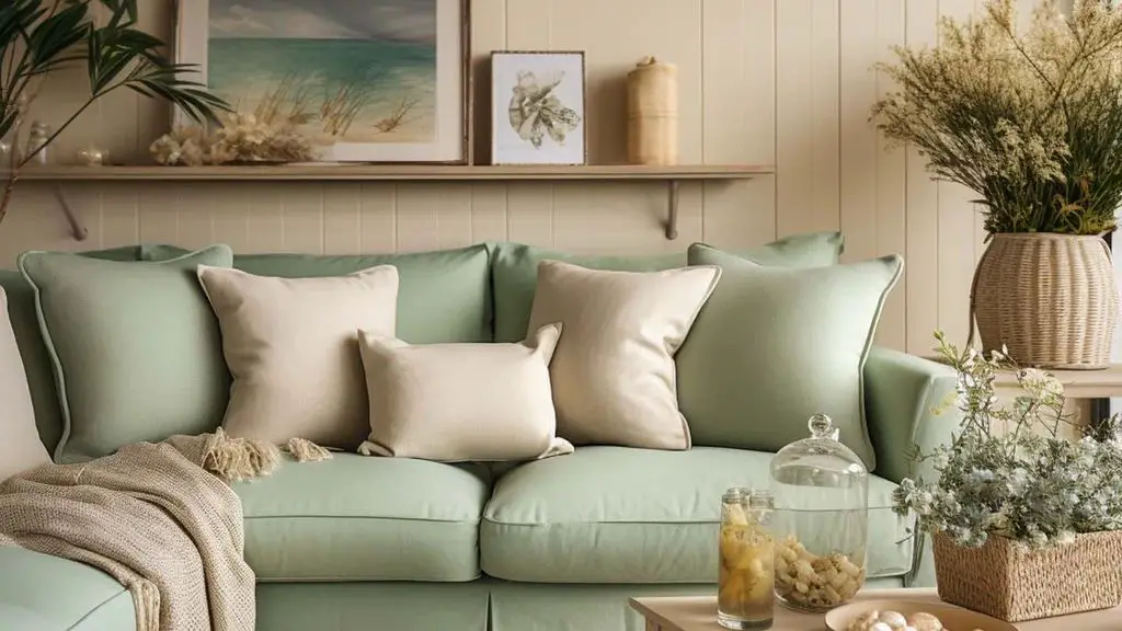 a celadon green pillow on a cream couch creates a calming, relaxed feel.