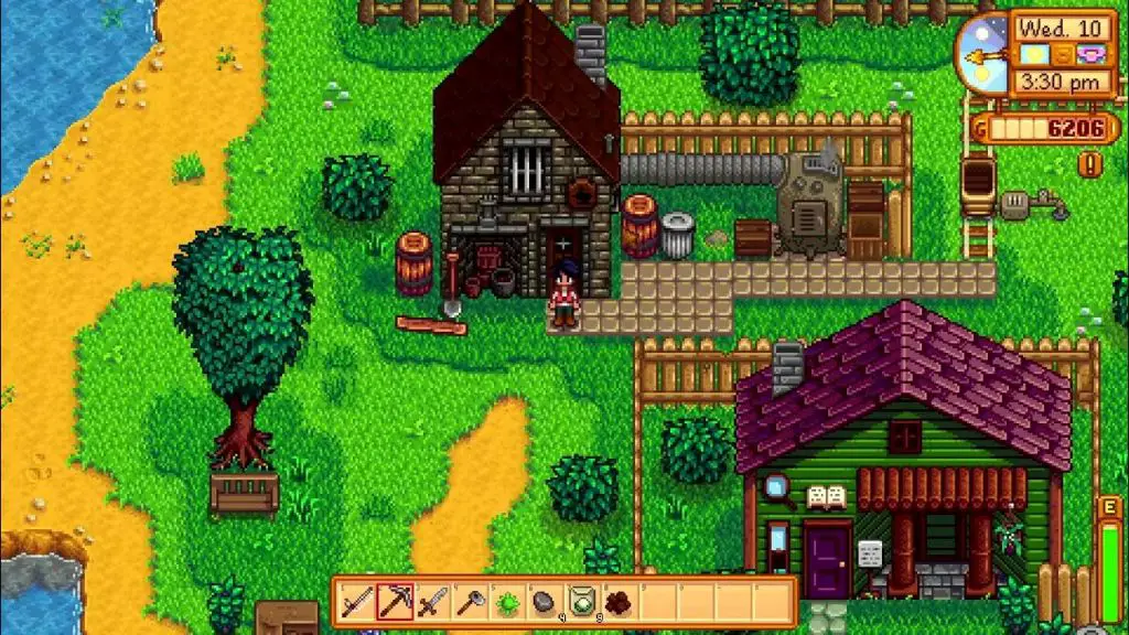 a character digging in the dirt with a hoe on their farm in stardew valley.