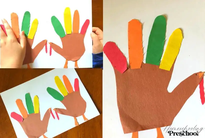 a child's hand being traced on orange construction paper to make a hand turkey craft.