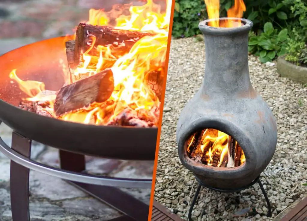 a clay chiminea burning logs radiates heat to keep people warm outdoors on a patio.