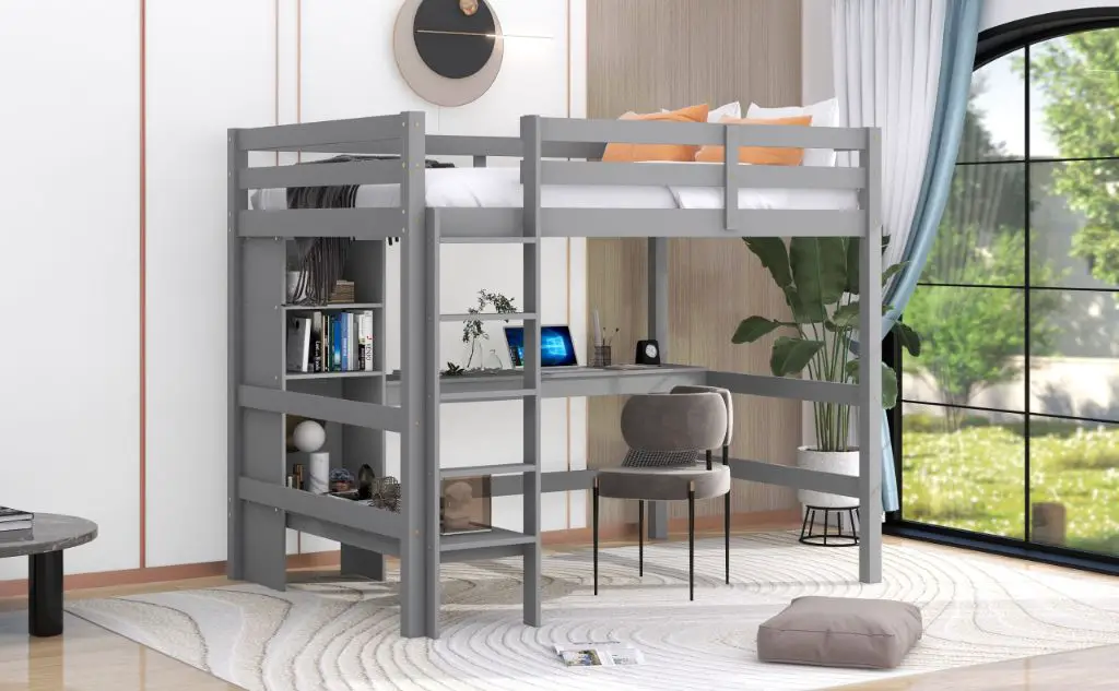 a loft bed with a desk and shelves underneath