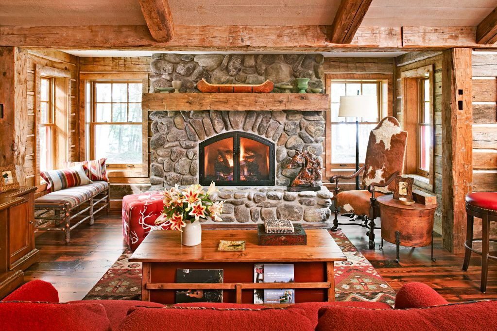 a natural wood fireplace surround with a rustic, warm aesthetic