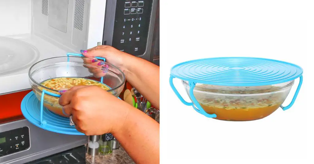 a person removing a porcelain bowl from a microwave oven