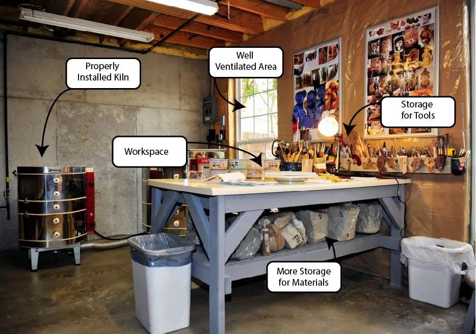 a photo showing a home pottery studio setup with a wheel, tools, and storage