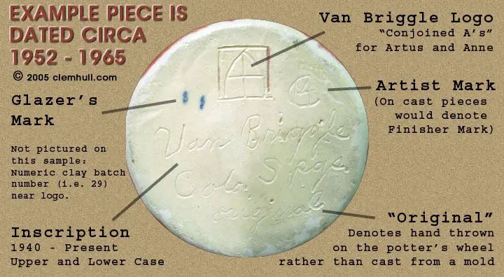 a photo showing the bottom of an antique van briggle vase with stamped markings used to authenticate it.