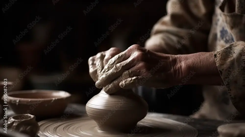 a potter shaping clay on a spinning pottery wheel