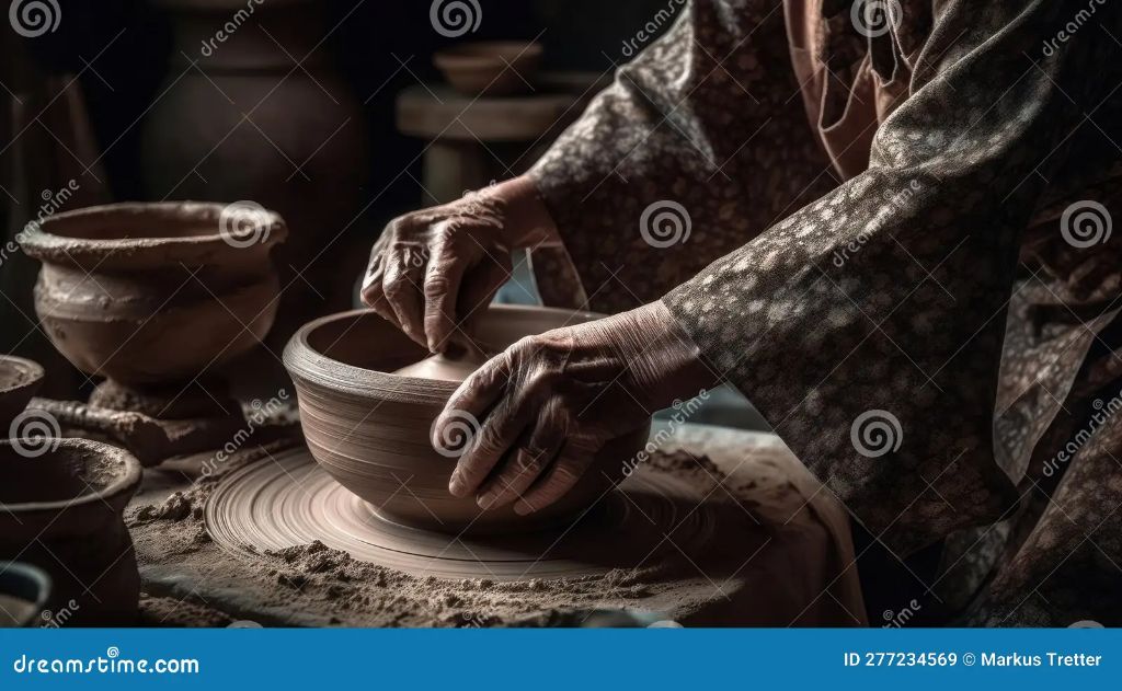 a potter using a pottery wheel to shape a clay pot by hand