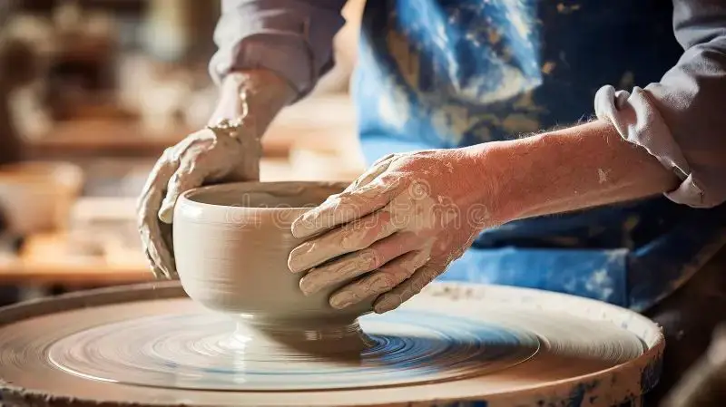 a potter working on a ceramic piece in a well-lit studio space