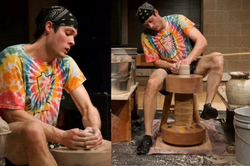 a potter working on a kick wheel and an electric wheel