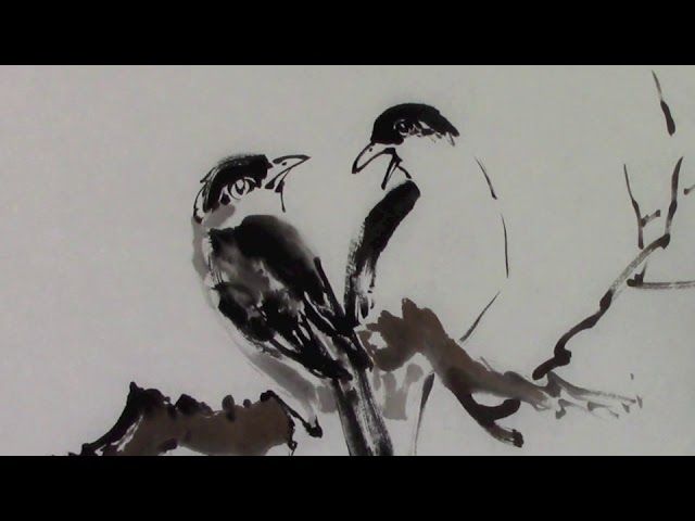 a sumi-e painting of a bird on a branch made with traditional japanese hake brush techniques.