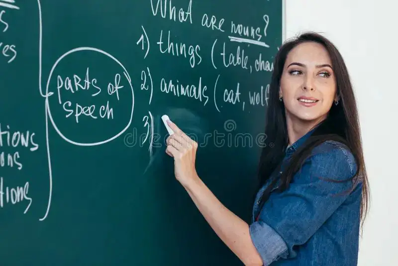 a teacher writing on a chalkboard with chalk