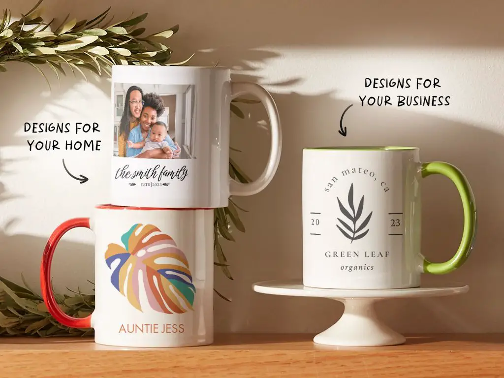 a variety of custom printed mugs with different styles, materials, and graphics