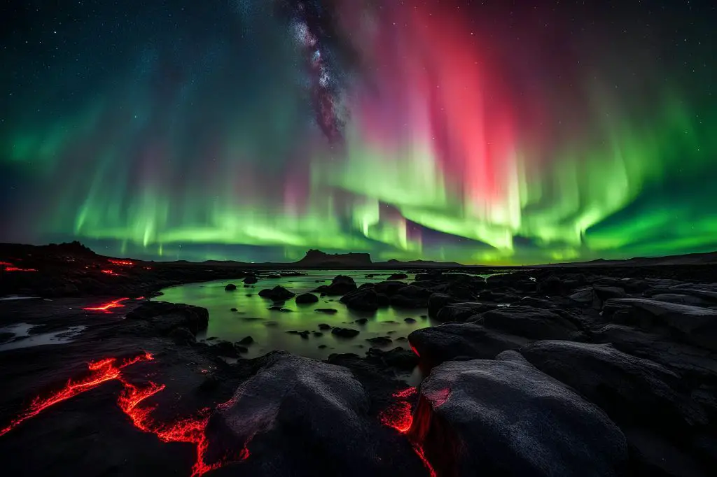 a wide angle photo of the northern lights in a starry night sky.