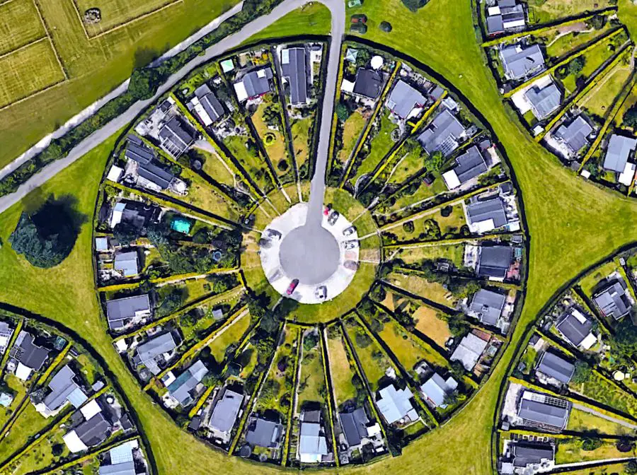 an aerial view of the secluded garden commune