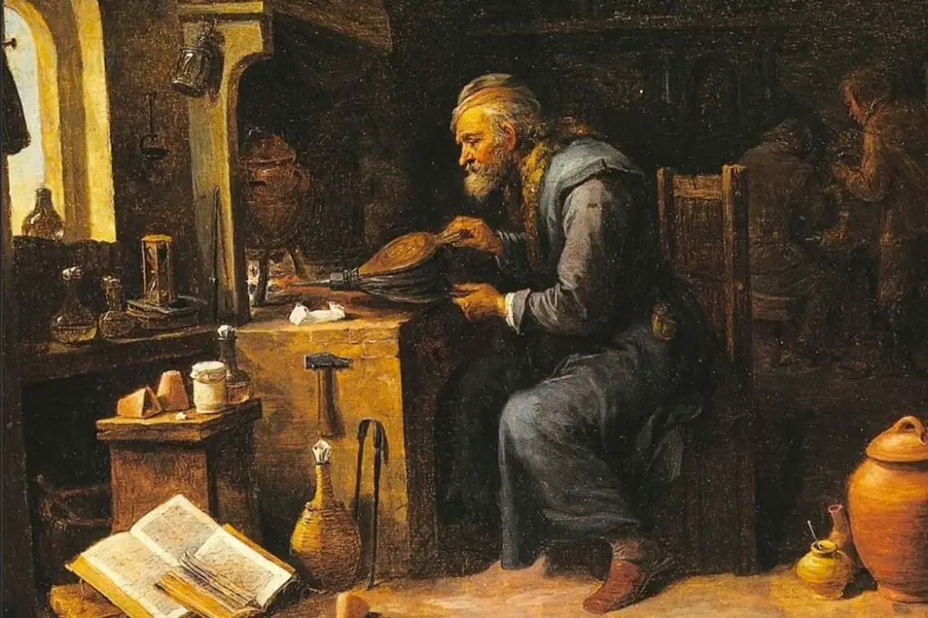 an alchemist collecting clay near a riverbed to use in alchemical experiments.