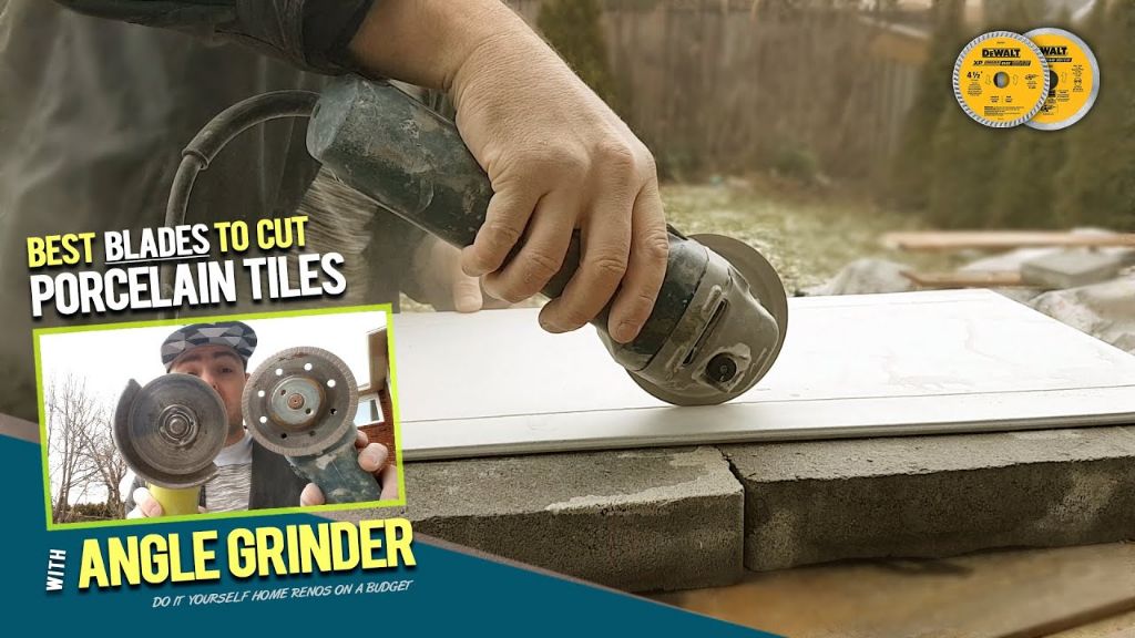 an angle grinder with a diamond blade cutting ceramic floor tile.