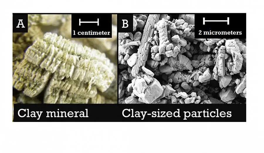 an example of clay's composition under a microscope, showing small silica and alumina particles that give it unique properties.