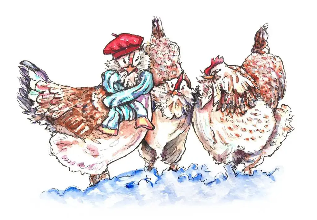 an illustration of three french hens wearing berets and scarves