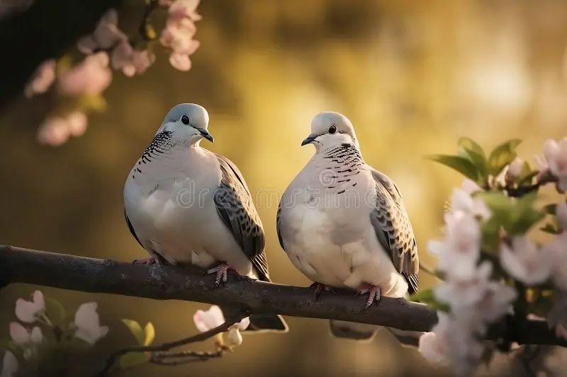 an illustration of two turtle doves sitting together on a branch