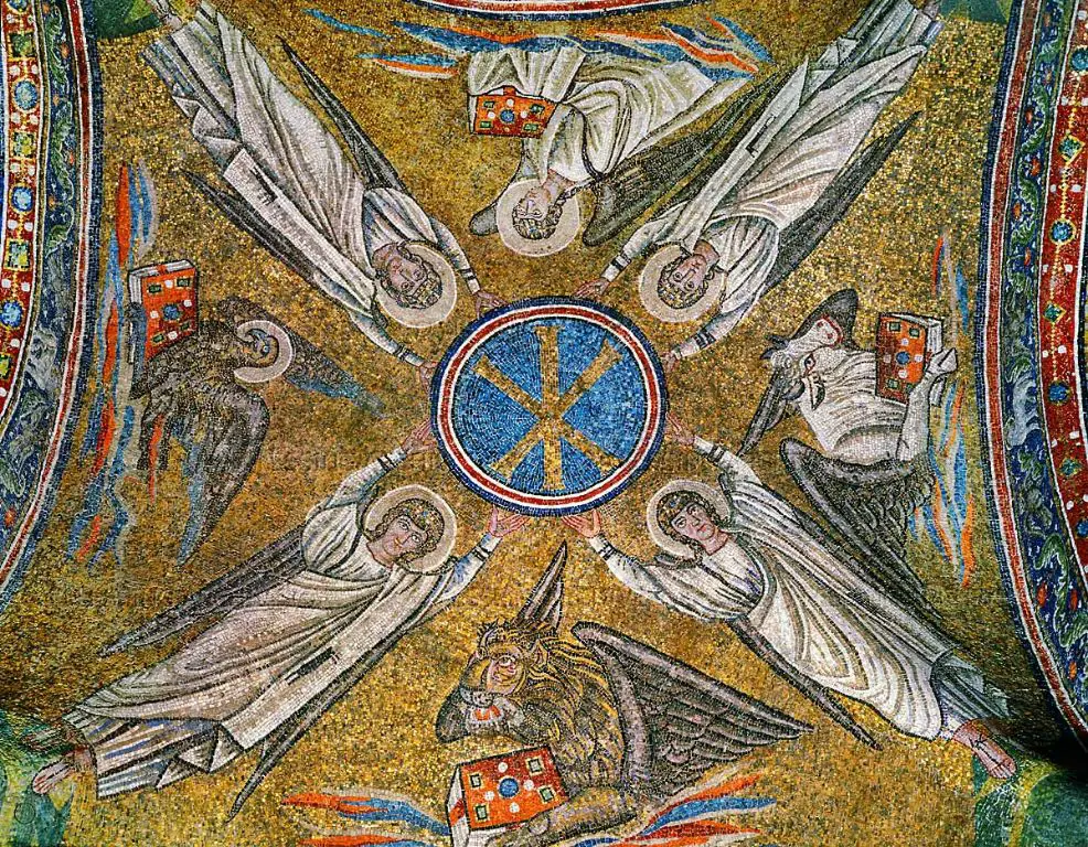 an ornament depicting four calling birds, often parrots or canaries, representing the four gospels.