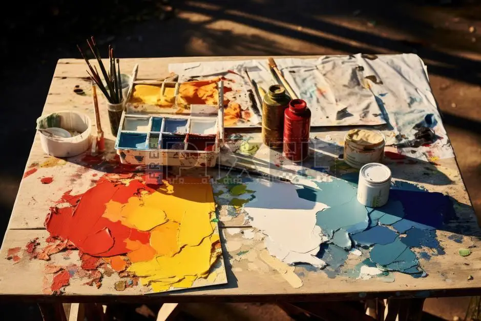 array of paint brushes, paint tubes, easels, canvases, and other art supplies laid out on a table.