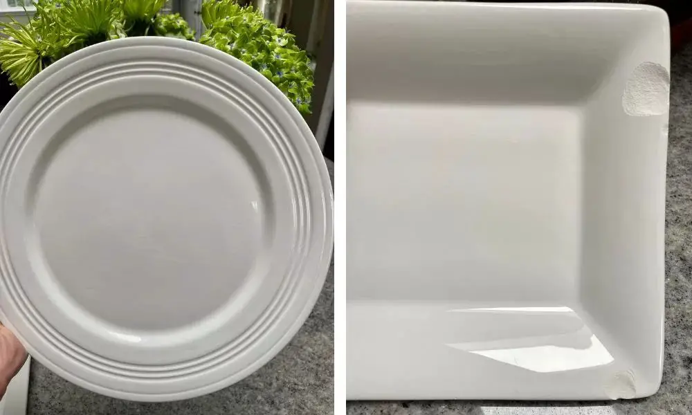 bone china has a distinctive bright white color with a slight blue or grey tint compared to the warmer white of porcelain.