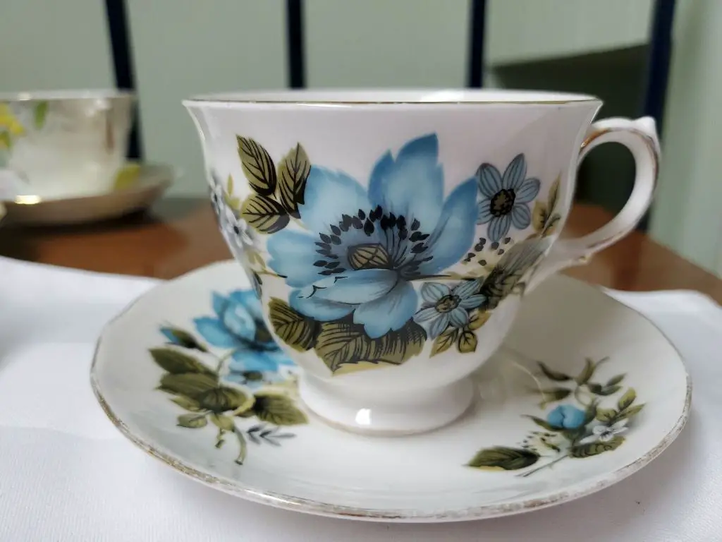 bone china teacup on a saucer with intricate floral details