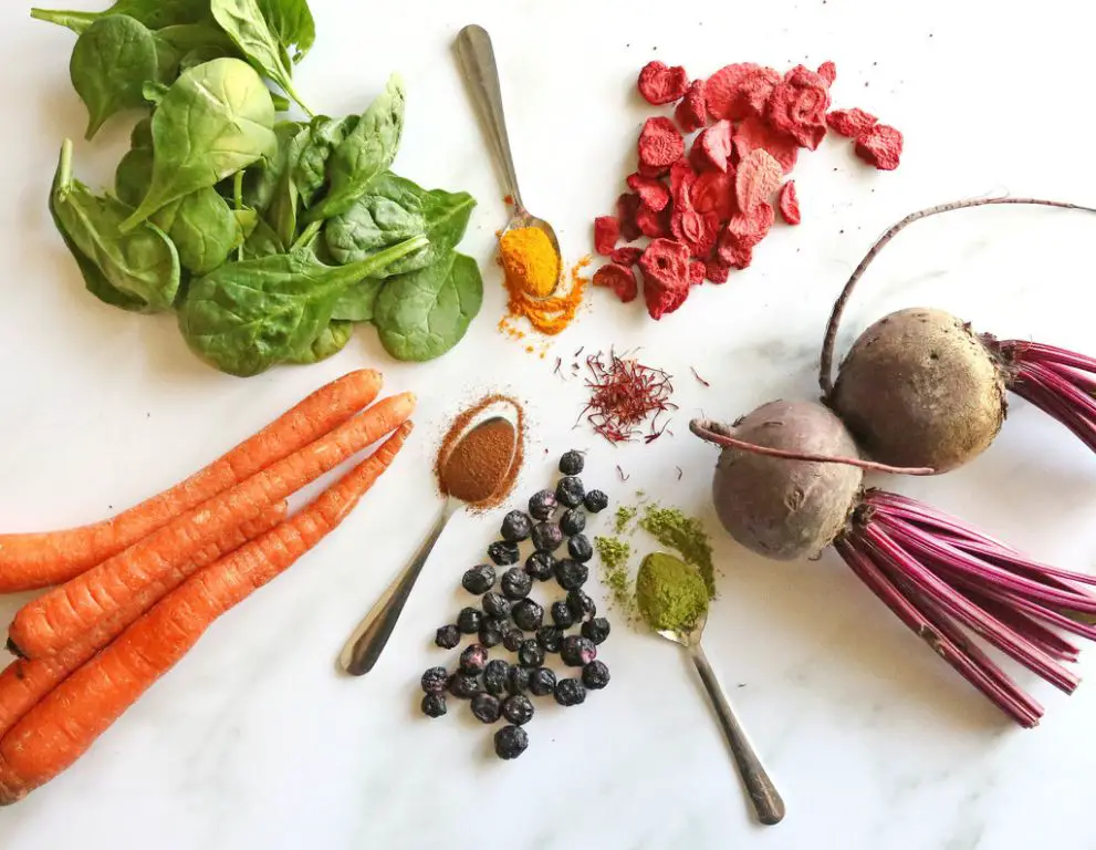 bowl with different natural food coloring options for dough like beet powder, turmeric, spinach, carrot juice