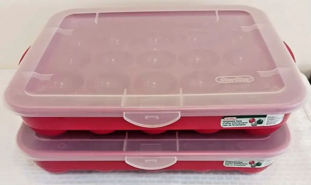clear plastic storage bins with lids, appropriate for storing delicate ornaments.