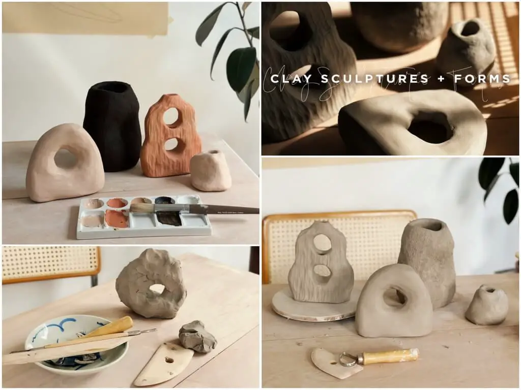 examples of abstract clay sculptures made using different handbuilding techniques.