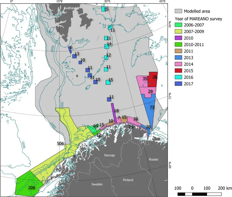 map showing distribution of yellow sponges in the atlantic ocean