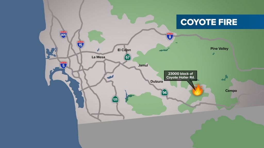 map showing location of coyote fire in san diego county