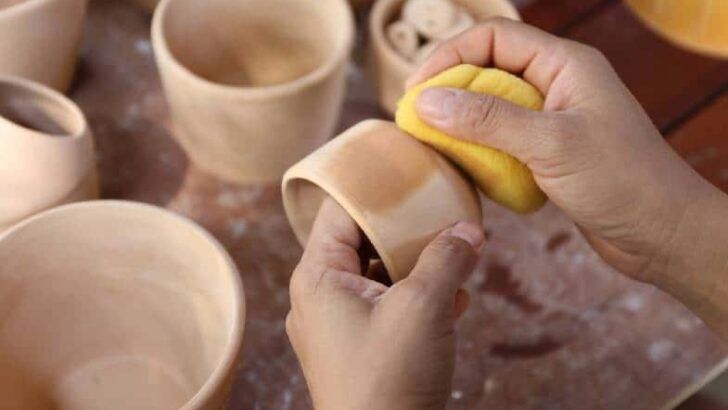 photo showing the process of cleaning bisqueware with a wet sponge before painting