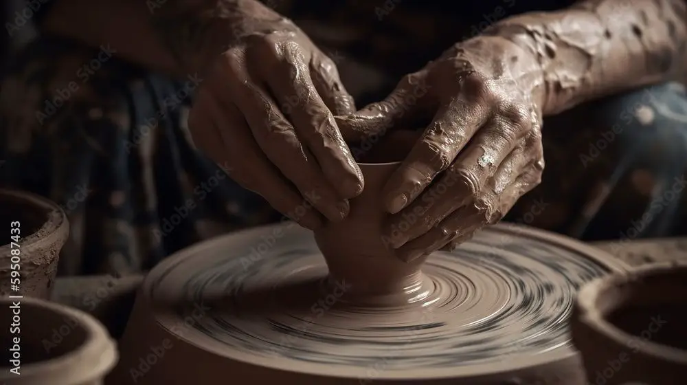 potter shaping clay on a spinning wheel.