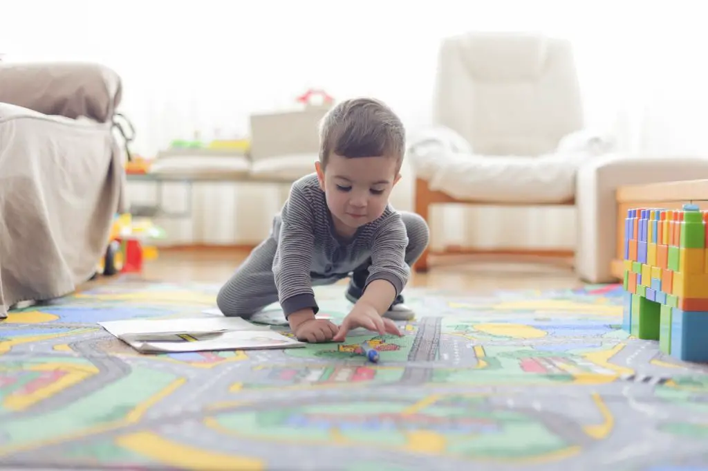 rugs with soft materials like cotton or wool provide comfort for kids to play and lounge.