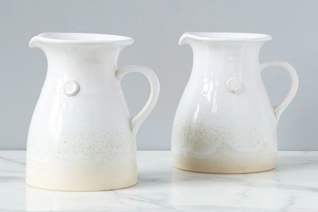 stoneware ceramic pitcher on a counter