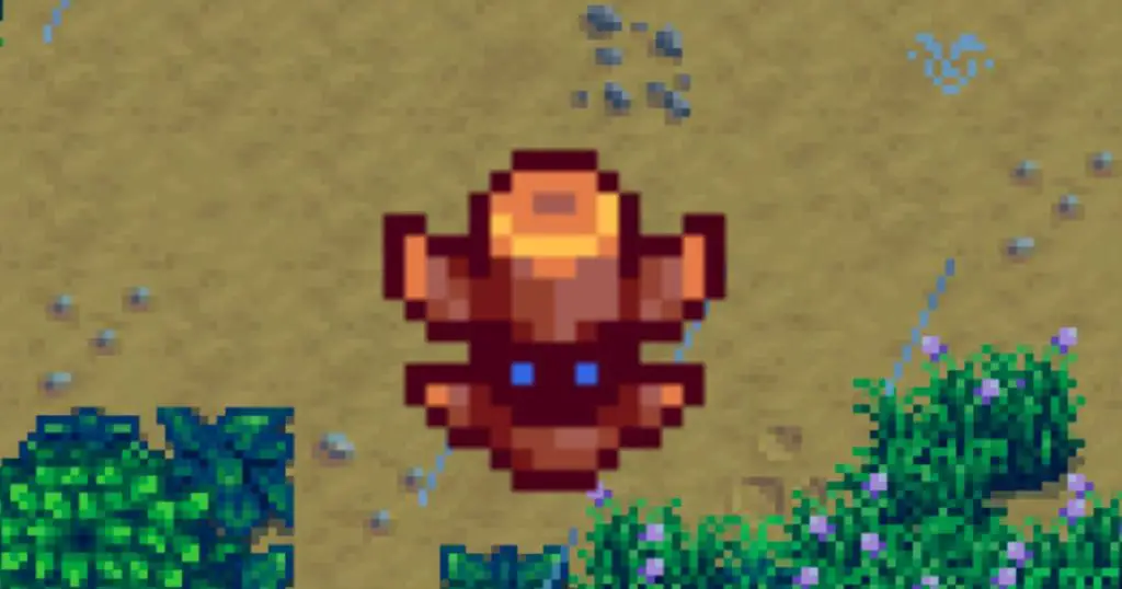 the character holds a rain totem, a crafted item used to make it rain the next day in stardew valley.