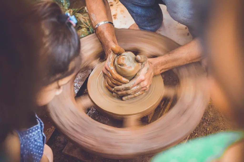 the potter's wheel allows creating rounded shapes like pots and bowls from spinning clay.