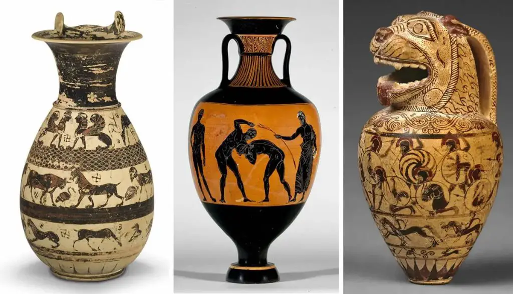 two ancient terracotta vases showing the history of earthenware pottery