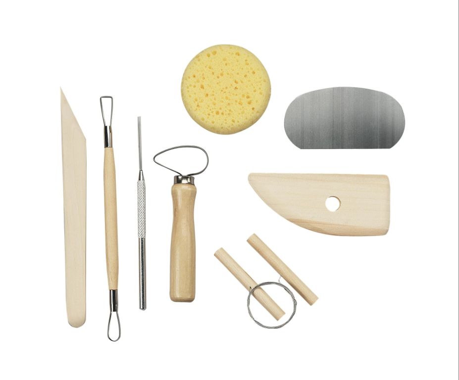 various clay sculpting tools laid out