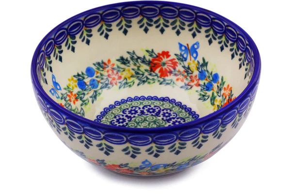 vintage polish pottery bowl with intricate hand-painted floral design