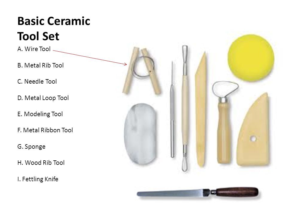wire loop tools, ribbon tools, fettling knives, and wooden tools are essential for sculpting clay.