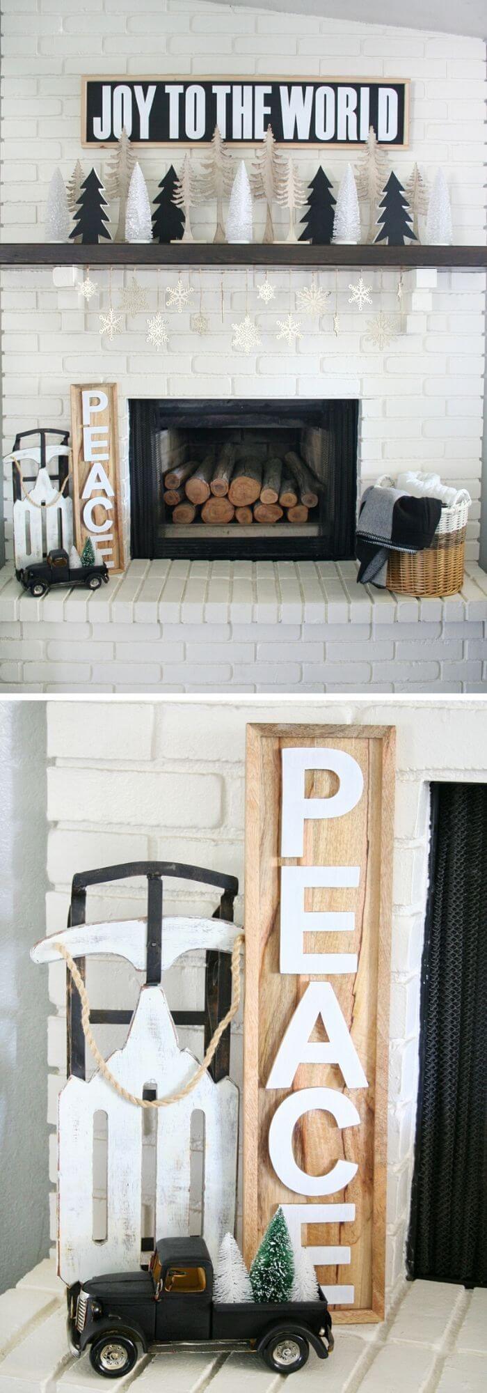 Black and white Christmas mantel with wood sign