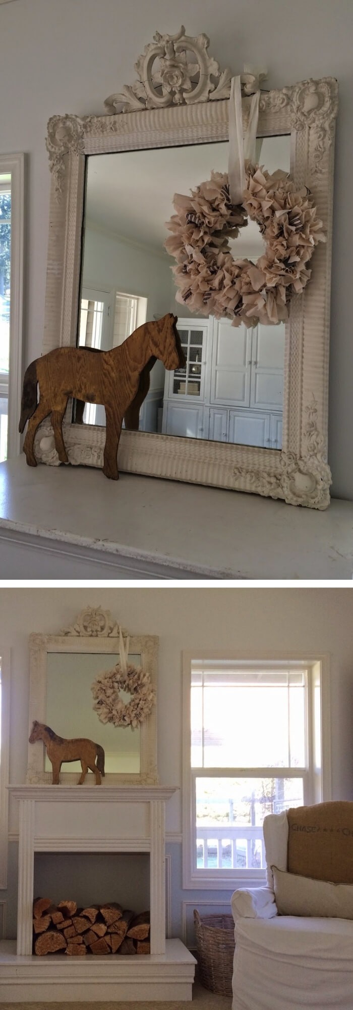 Vintage mantel with a wreath and a wooden horse above a fireplace