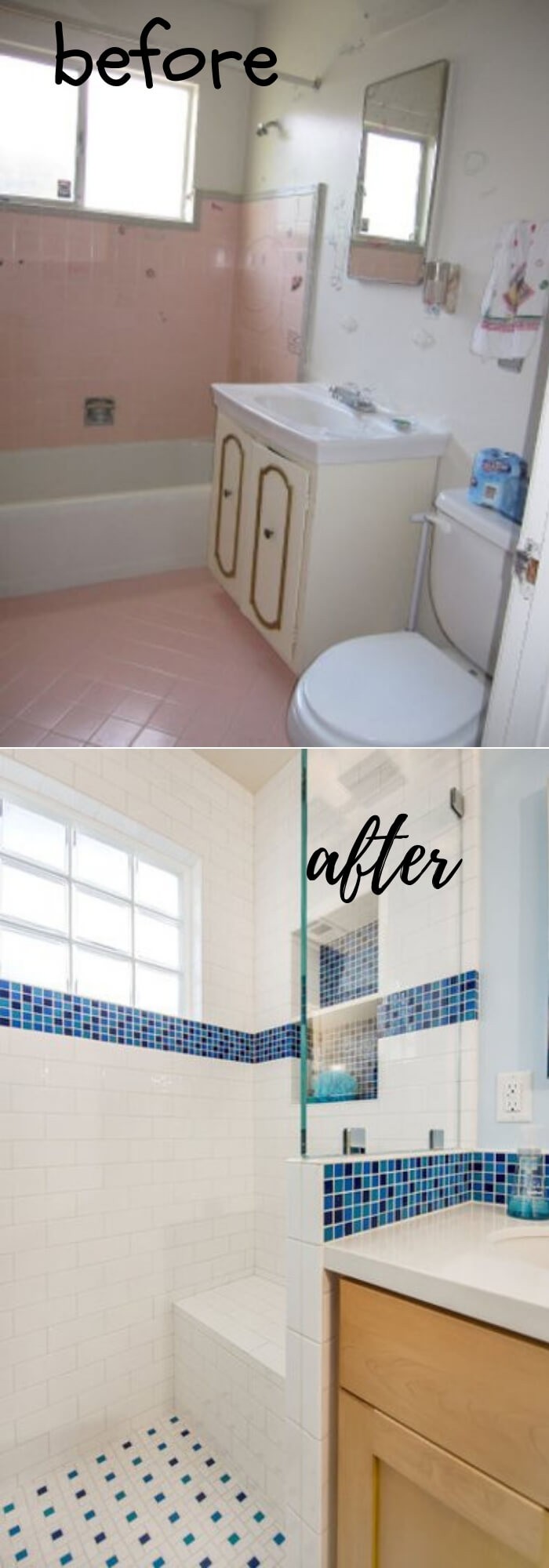 #13. Upgrade a Small Bathroom (Glass block windows, Starphire glass shower panes and bright white and blue tile)