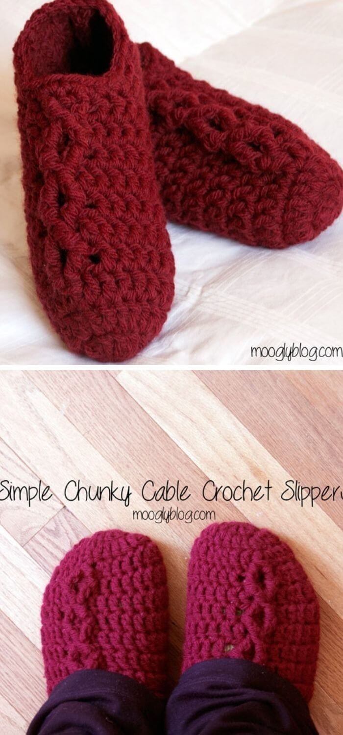 Simple chunky cable crochet slippers