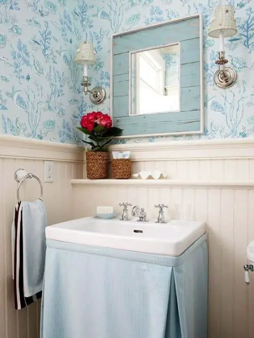 Blue and cream powder room