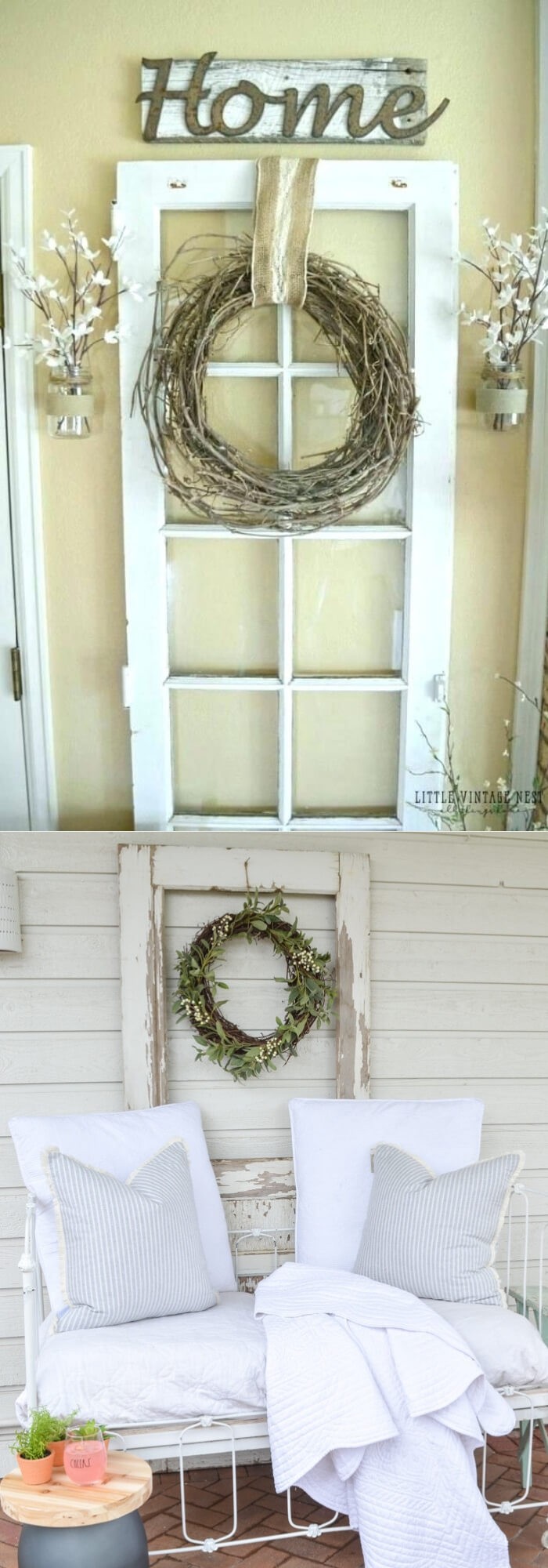 An old door decor with a twisted dry branch wreath